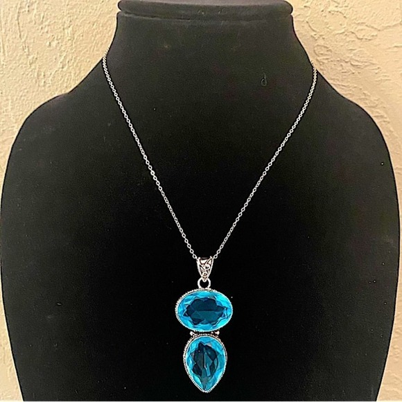 Sterling Silver Blue Topaz Pendant Gemstone Charm Necklace, Handmade - Picture 5 of 12